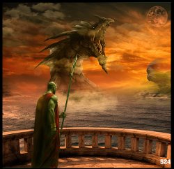 Fantasy digital illustration, figure on a balcony beneath a dragon